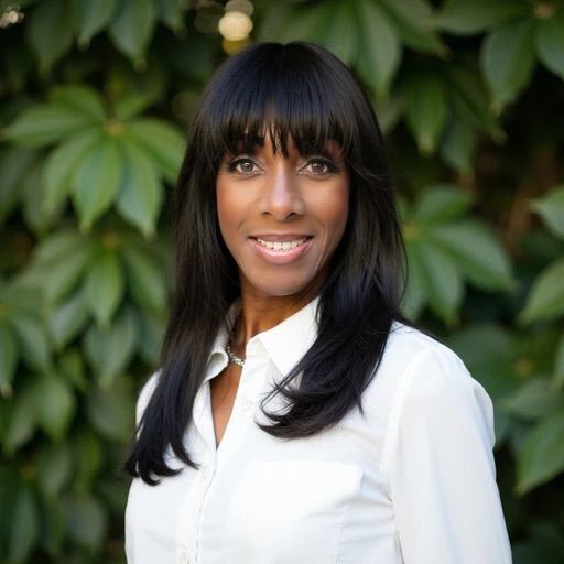 Professioanl black woman with long black hair wearing a white blouse smiling at the camera
