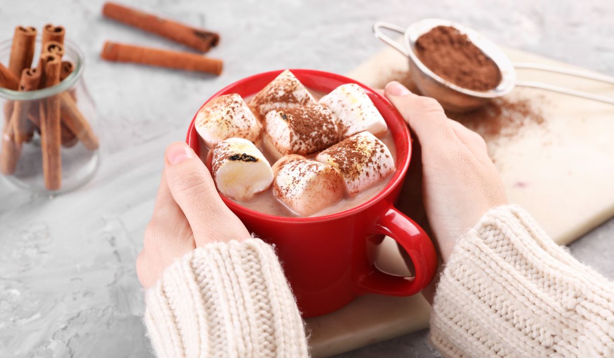 Mindfulness for Stress Relief, hand holding a hot choclate with marshmallows